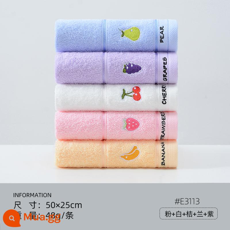 Khăn trẻ em Jie Liya cotton nguyên chất khăn nhỏ bông rửa mặt gia dụng mềm thấm hút nước không rụng lông khăn mặt nữ 5 cái - [Phong cách thoải mái] (Hồng 1 Trắng 1 Cam 1 Xanh 1 Tím 1) [Bông Tân Cương loại A] 5 miếng | Trái cây