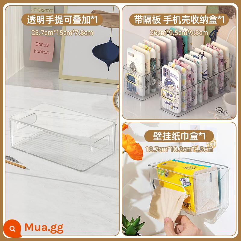 Máy Tính Để Bàn Hộp Lưu Trữ Acrylic Trong Suốt Giỏ Ký Túc Xá Văn Phòng Phẩm Đồ Lặt Vặt Hoàn Thiện Hộp Mặt Nạ Mỹ Phẩm Kệ - Bộ lưu trữ [túi xách trong suốt * 1 + hộp đựng bảo vệ điện thoại di động * 1 + hộp khăn giấy * 1]