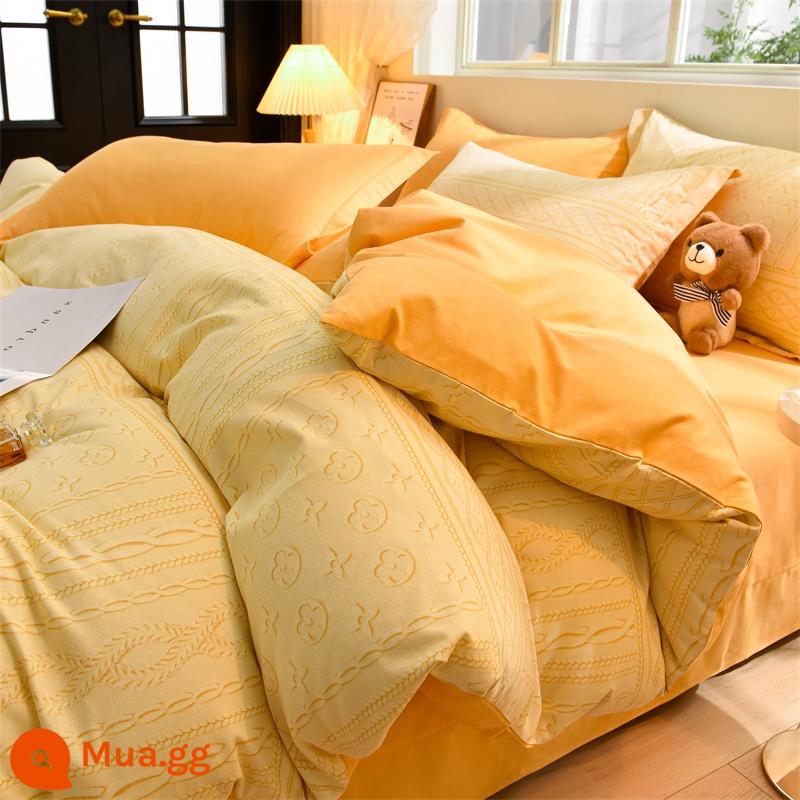 Làm dày và ấm áp mùa đông 100 cotton chải nguyên chất giường cotton 4 bộ tiếp liệu ga trải giường đơn vỏ chăn mùa thu ba 3 nhung - Shangpin-Orange [100% cotton chải, dày và ấm]