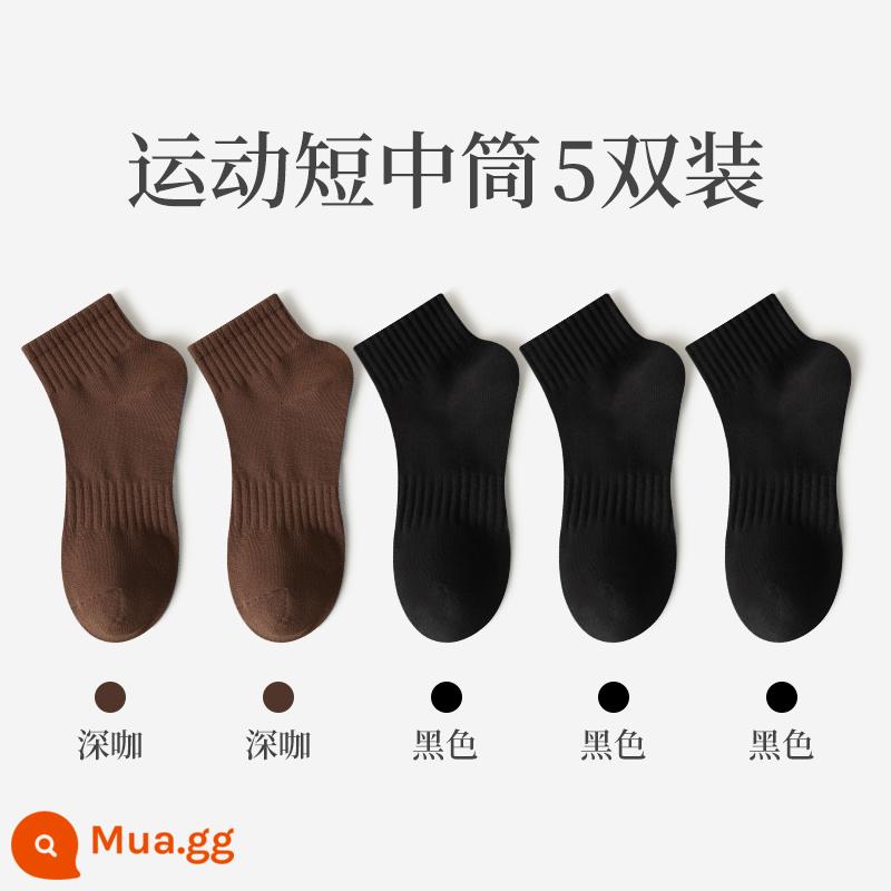 Vớ Zhuji nam mùa đông vớ ống giữa cotton nguyên chất thấm hút mồ hôi vớ cotton ấm vớ bông mùa đông vớ nam - Thùng ngắn (2 cà phê đậm + 3 đen)