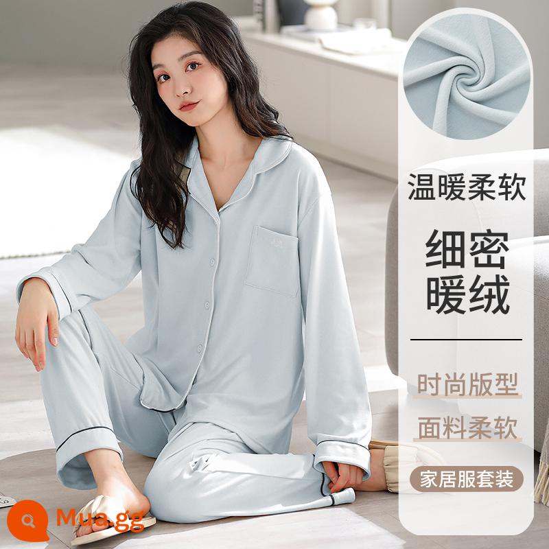 Mùa xuân và mùa thu cotton nguyên chất Bộ đồ ngủ nữ Bộ thu đông 2023 nhà mới mặc quần dài tay nữ màu trơn Bộ 2 món - 88548[Thoải mái cả ngày][De Rong]