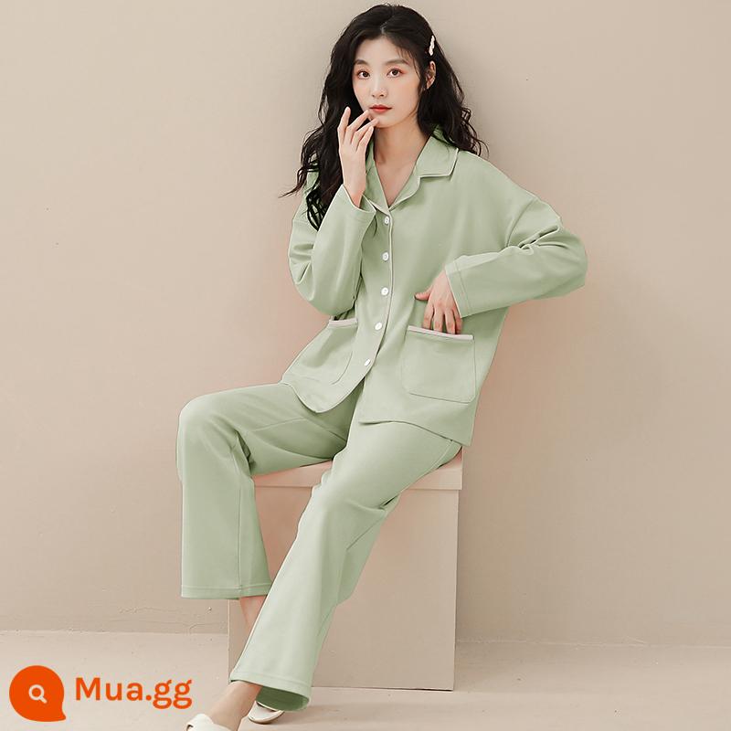 Bộ đồ ngủ cotton nguyên chất cho nữ xuân thu 2024 mới 100% cotton quần dài tay mỏng cỡ lớn rộng rãi mặc nhà thông thường - màu cỏ