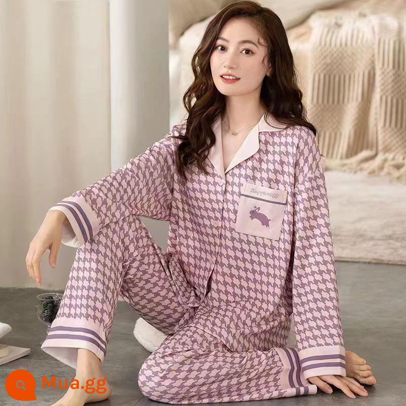 Bộ đồ ngủ cho nữ, bộ đồ dài tay cotton nguyên chất mùa xuân và mùa thu, cotton, bà mẹ trung niên và người già, cực lớn, mỏng, có thể mặc bên ngoài, quần áo ở nhà, mùa hè - Bột củ sen hồng JX34408#bông nguyên chất