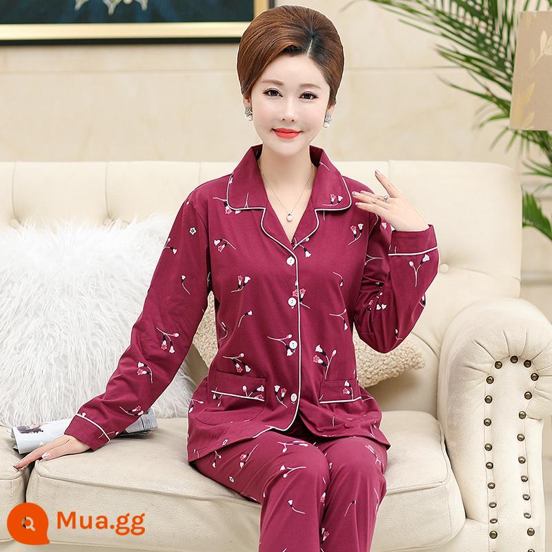 Bộ đồ ngủ cho nữ, bộ đồ dài tay cotton nguyên chất mùa xuân và mùa thu, cotton, bà mẹ trung niên và người già, cực lớn, mỏng, có thể mặc bên ngoài, quần áo ở nhà, mùa hè - Burgundy M1928 Burgundy#Bông nguyên chất