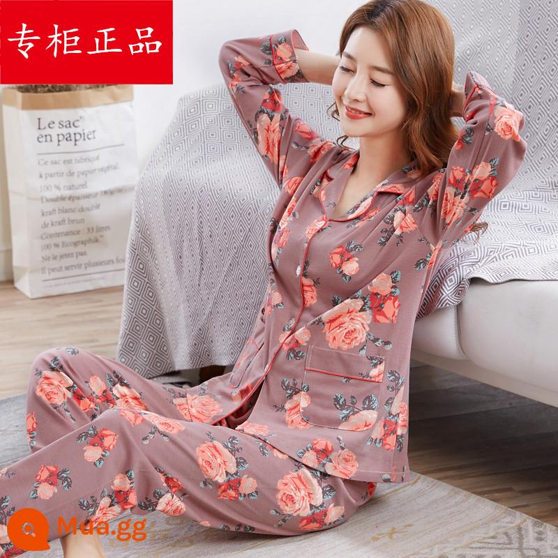 Bộ đồ ngủ cho nữ, bộ đồ dài tay cotton nguyên chất mùa xuân và mùa thu, cotton, bà mẹ trung niên và người già, cực lớn, mỏng, có thể mặc bên ngoài, quần áo ở nhà, mùa hè - Gừng TF-1922 Nâu#