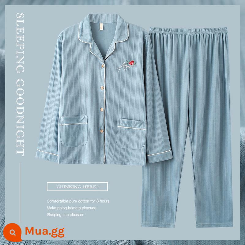 Bộ đồ ngủ cho nữ, bộ đồ dài tay cotton nguyên chất mùa xuân và mùa thu, cotton, bà mẹ trung niên và người già, cực lớn, mỏng, có thể mặc bên ngoài, quần áo ở nhà, mùa hè - Nâu nhạt XPW101 Xanh nhạt# Sọc