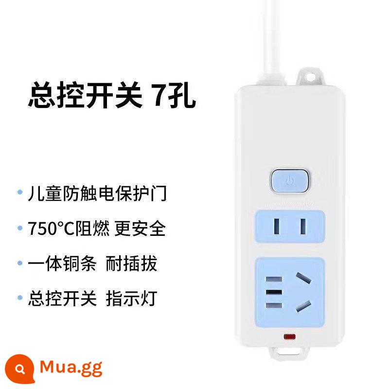 Bảng ổ cắm bằng đồng nguyên chất với bảng mạch plug-in tại nhà công tắc độc lập kéo dây nối dài 5/10 mét plug-in bảo vệ quá tải - Tổng chiều dài 1 mét, màu xanh và trắng, 2 ổ cắm, 7 lỗ