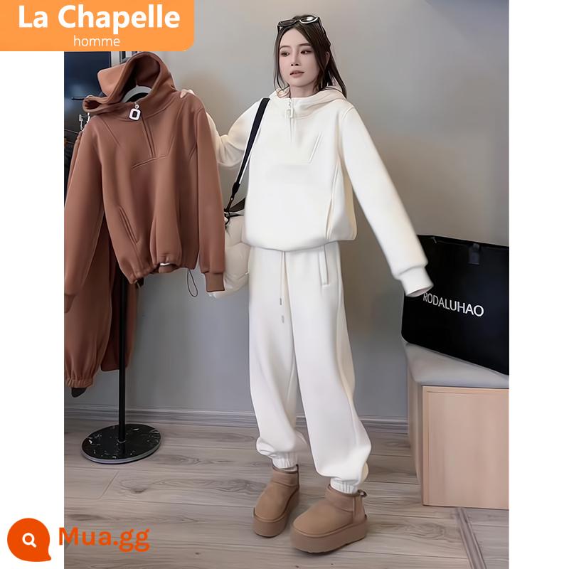 Bộ đồ thể thao thông thường La Chapelle nữ mùa thu đông 2023 phong cách mới Áo thun cotton dày dặn phong cách hot được ưa chuộng năm nay - Bộ đồ hai mảnh màu be [nhung cáo bạc tổng hợp]