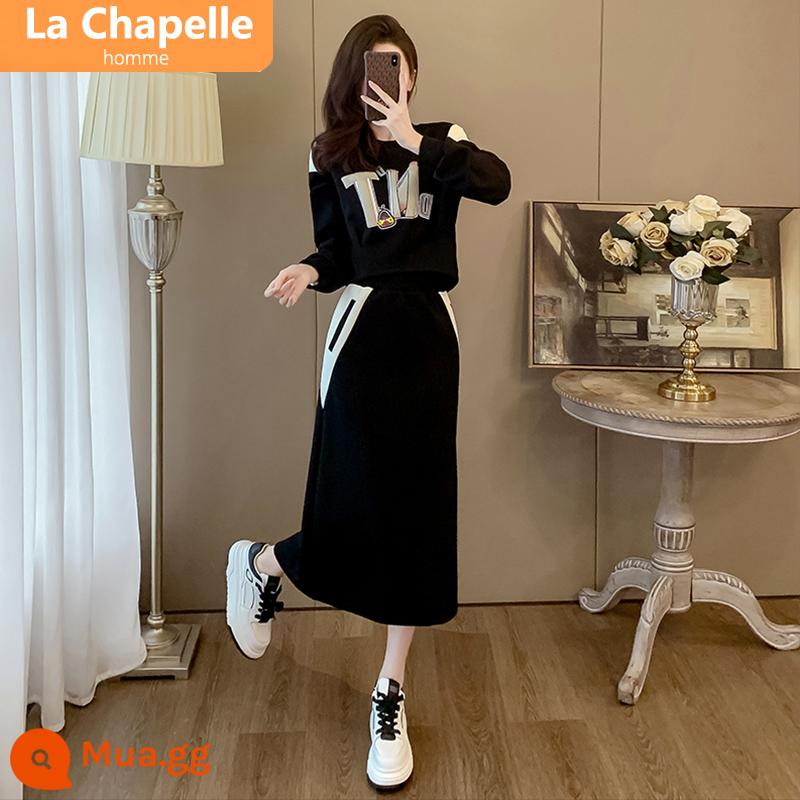 Bộ đồ thể thao thông thường La Chapelle nữ mùa thu đông 2023 mới cao cấp phù hợp với váy Plus nhung và dày - bộ đồ đen