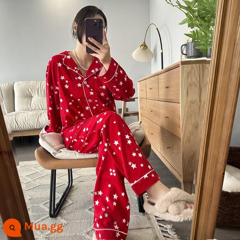 Trang web chính thức đang bán 468 RMB. Bộ đồ ngủ dài tay cotton mùa xuân đông hấp dẫn dành cho nữ, bộ đồ mặc nhà chải chuốt, loạt đồ ngày lễ - sao Đỏ