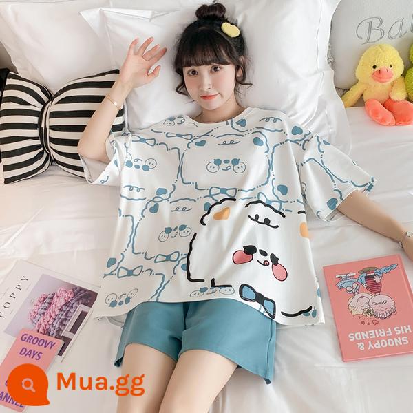 Bộ đồ ngủ ngắn tay ngọt ngào cho nữ mùa hè rộng rãi quần đùi học sinh cotton nguyên chất thường ngày mặc ở nhà nhỏ tươi bộ đồ hai mảnh hợp thời trang - 7943#