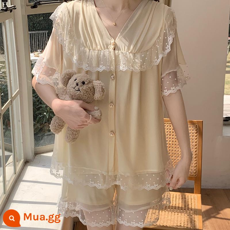 Xuân Thu Modal cotton dài tay quần ren ngọt ngào phong cách công chúa cổ tích thường ngày 2 bộ trang phục dành cho nữ - 521# Champagne [quần short ngắn tay]