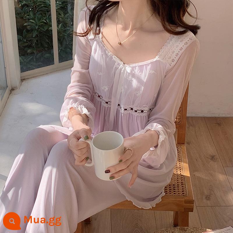 Xuân Thu Modal cotton dài tay quần ren ngọt ngào phong cách công chúa cổ tích thường ngày 2 bộ trang phục dành cho nữ - 513# Tím [quần dài] có đệm ngực