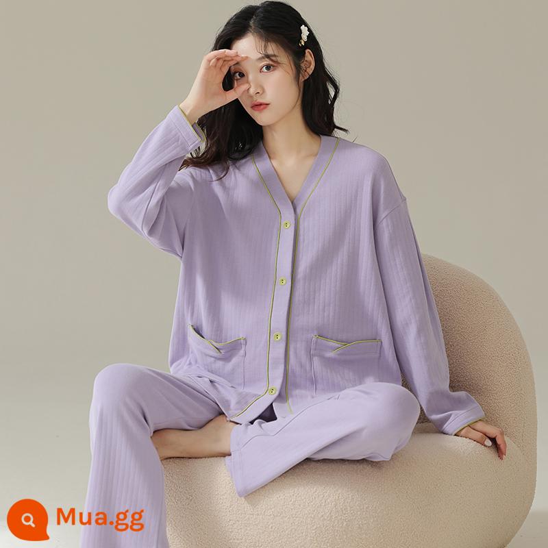 Bộ đồ ngủ thoải mái cho nữ mùa xuân và mùa thu phiên bản Hàn Quốc của quần dài tay cotton nguyên chất dễ thương, bộ đồ hai mảnh mỏng thời trang giản dị - 34487#