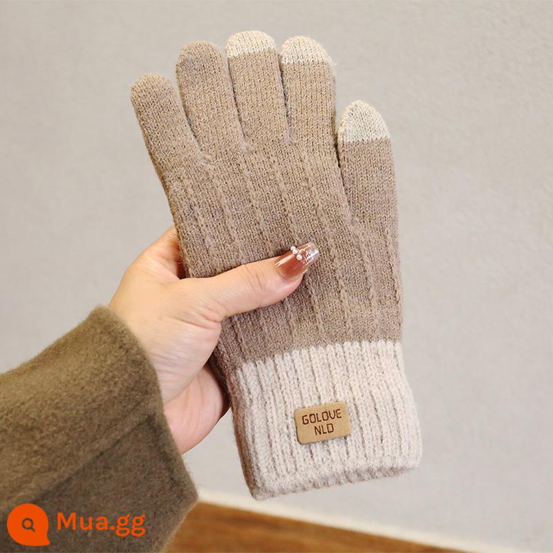 Cashmere Dệt Kim Găng Tay Màn Hình Cảm Ứng Nam Full Ngón Ấm Nhung Dày Cặp Đôi Găng Tay Mùa Đông Ngoài Trời Găng Tay Đi Xe Đạp - Khaki