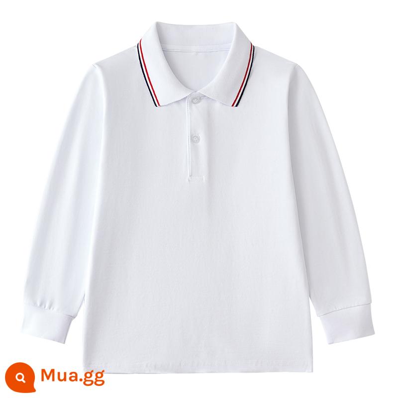 Áo sơ mi Polo trẻ em dài tay có cổ áo thun mùa xuân thu trung và lớn cho bé trai cotton nguyên chất màu trắng đáy áo sơ mi đồng phục học sinh tiểu học nữ - Áo polo trắng tương phản