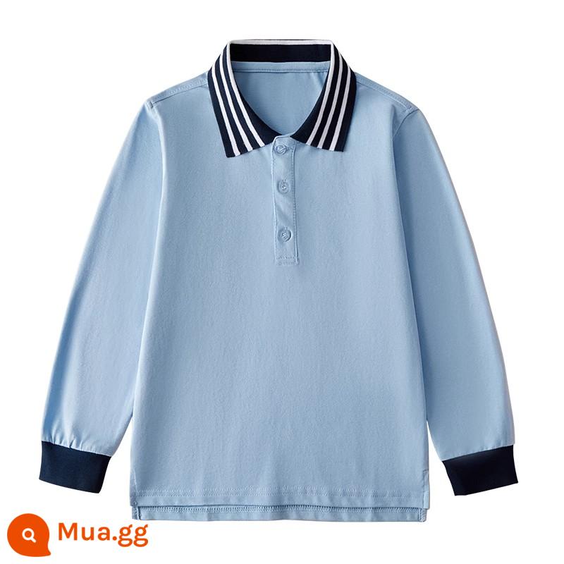 Áo sơ mi Polo trẻ em dài tay có cổ áo thun mùa xuân thu trung và lớn cho bé trai cotton nguyên chất màu trắng đáy áo sơ mi đồng phục học sinh tiểu học nữ - Áo sơ mi cổ polo họa tiết xanh đen