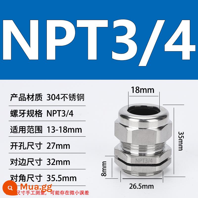 Thép không gỉ 304 chống cháy nổ tuyến kim loại chống thấm nước đầu nối cáp cói nhồi hộp nối khóa mẹ M20 - NPT3/4 (đường kính dây 13-18)