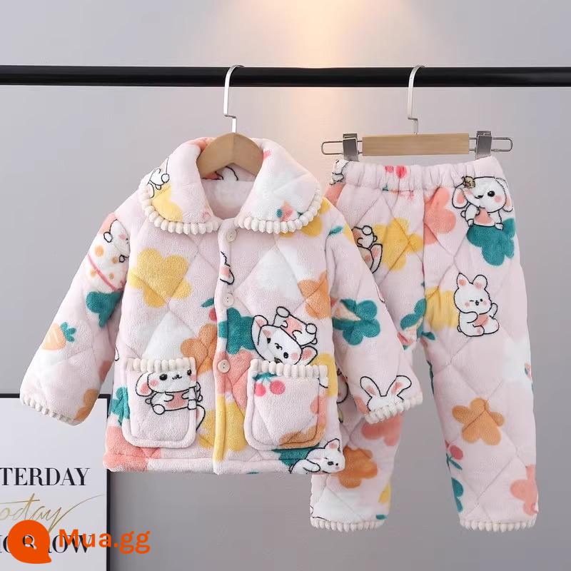 Bộ đồ ngủ mùa đông trẻ em flannel ba lớp dày phù hợp với bé trai và bé gái quần áo ấm áp cho trẻ em trung niên trở lên - thỏ hoa hồng