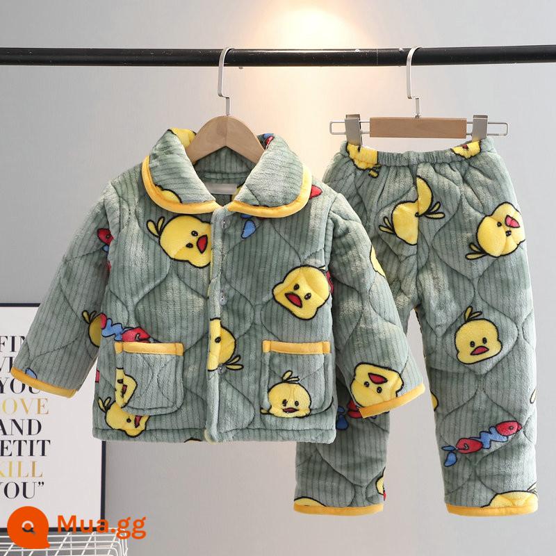 Bộ đồ ngủ mùa đông trẻ em flannel ba lớp dày phù hợp với bé trai và bé gái quần áo ấm áp cho trẻ em trung niên trở lên - Vịt nhỏ màu vàng xanh