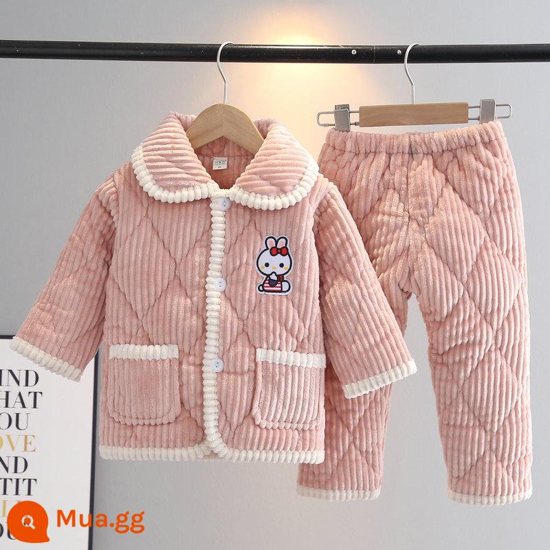 Bộ đồ ngủ mùa đông trẻ em flannel ba lớp dày phù hợp với bé trai và bé gái quần áo ấm áp cho trẻ em trung niên trở lên - Bột Đậu Thỏ Sọc