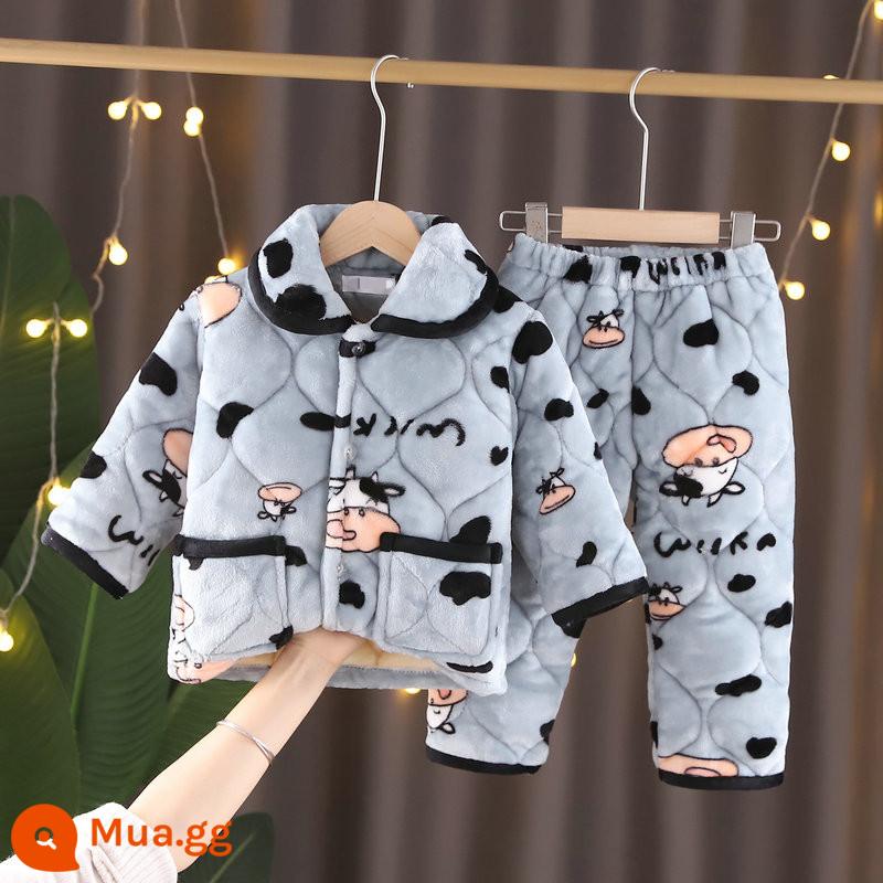 Bộ đồ ngủ mùa đông trẻ em flannel ba lớp dày phù hợp với bé trai và bé gái quần áo ấm áp cho trẻ em trung niên trở lên - con bò hạnh phúc màu xanh nhạt