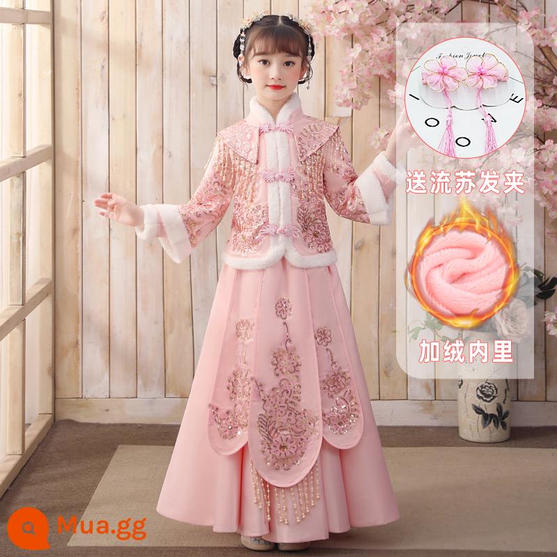 Quần áo mùa đông cho bé gái Hanfu Quần áo đêm giao thừa cho bé gái cộng với nhung Phong cách Trung Quốc Tết Nguyên đán Đường Bộ đồ mùa đông Váy mùa đông Trang phục năm mới của trẻ em - 32 màu hồng (cộng nhung) + kẹp tóc tua rua