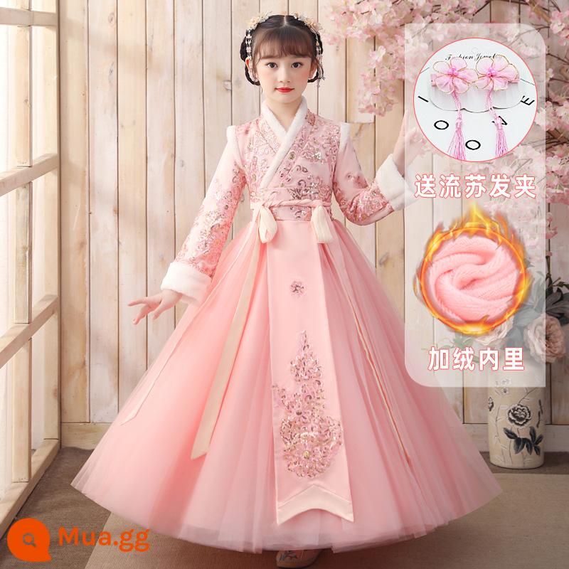 Quần áo mùa đông cho bé gái Hanfu Quần áo đêm giao thừa cho bé gái cộng với nhung Phong cách Trung Quốc Tết Nguyên đán Đường Bộ đồ mùa đông Váy mùa đông Trang phục năm mới của trẻ em - Màu hồng (cộng với nhung) + kẹp tóc tua rua