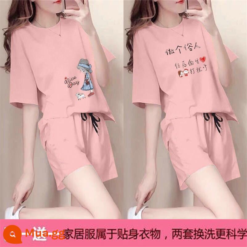 Mùa hè 2021 mới cotton áo thun ngắn tay nữ + quần short giản dị bộ đồ thể thao học sinh lưới đỏ bạn gái 2 bộ - X công chúa hồng + cư sĩ hồng