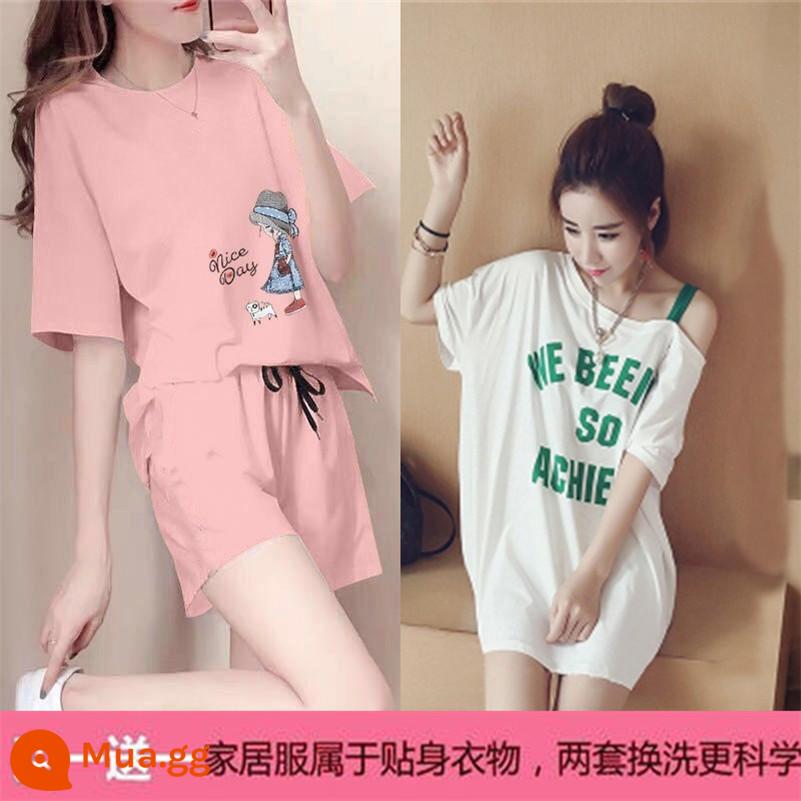 Mùa hè 2021 mới cotton áo thun ngắn tay nữ + quần short giản dị bộ đồ thể thao học sinh lưới đỏ bạn gái 2 bộ - X công chúa hồng + váy lệch vai