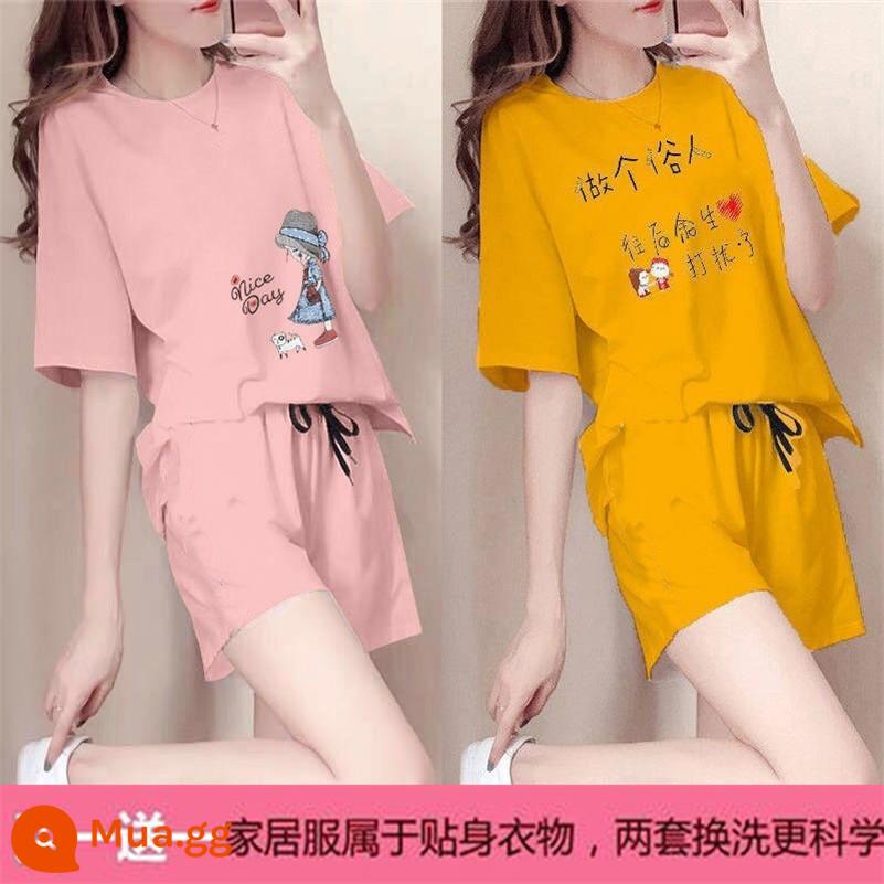 Mùa hè 2021 mới cotton áo thun ngắn tay nữ + quần short giản dị bộ đồ thể thao học sinh lưới đỏ bạn gái 2 bộ - X công chúa hồng + giáo dân vàng