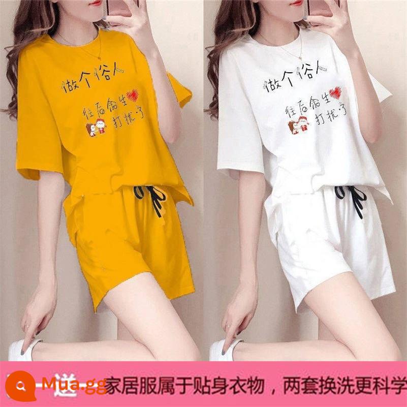 Mùa hè 2021 mới cotton áo thun ngắn tay nữ + quần short giản dị bộ đồ thể thao học sinh lưới đỏ bạn gái 2 bộ - XHuang cư sĩ+Bạch giáo