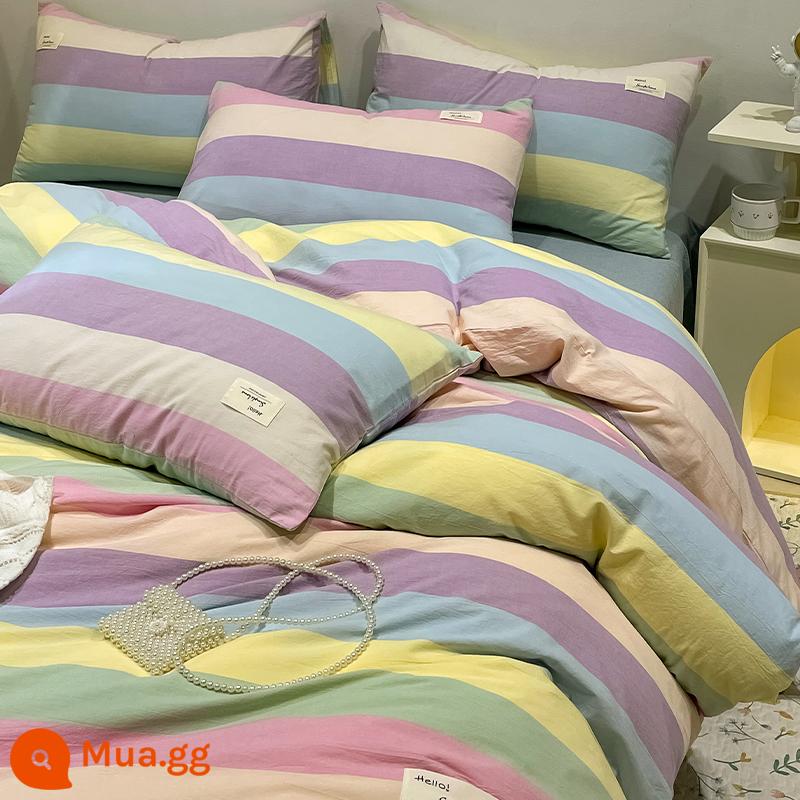 Bắc Âu Ins Gió Giặt Giường Cotton 4 Bộ Cotton 100 Mùa Hè Chăn Ga Gối 3 Bộ Giường Trang Bị tấm - Dải cầu vồngMY