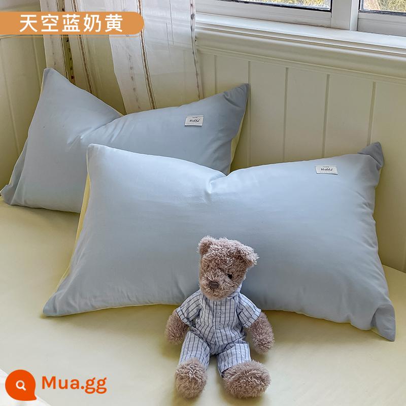 Cặp vỏ gối cotton nguyên chất, vỏ gối cotton đơn giản dùng trong nhà, 48x74, vỏ gối trẻ em, đơn 2 - [Gói đơn] Vỏ gối màu vàng kem ZTM Sky Blue