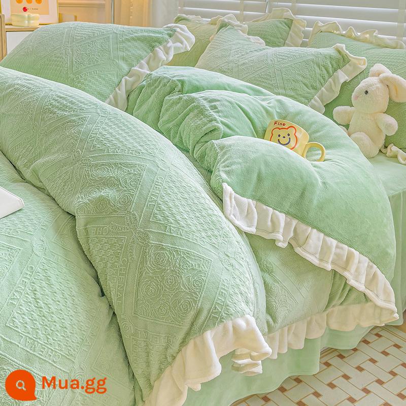 Bed Bed váy sữa Velvet Bốn bộ mền nhung san hô đôi Falerlan cộng với nhung ba giường nhóm - R Nhung Caroline Xanh