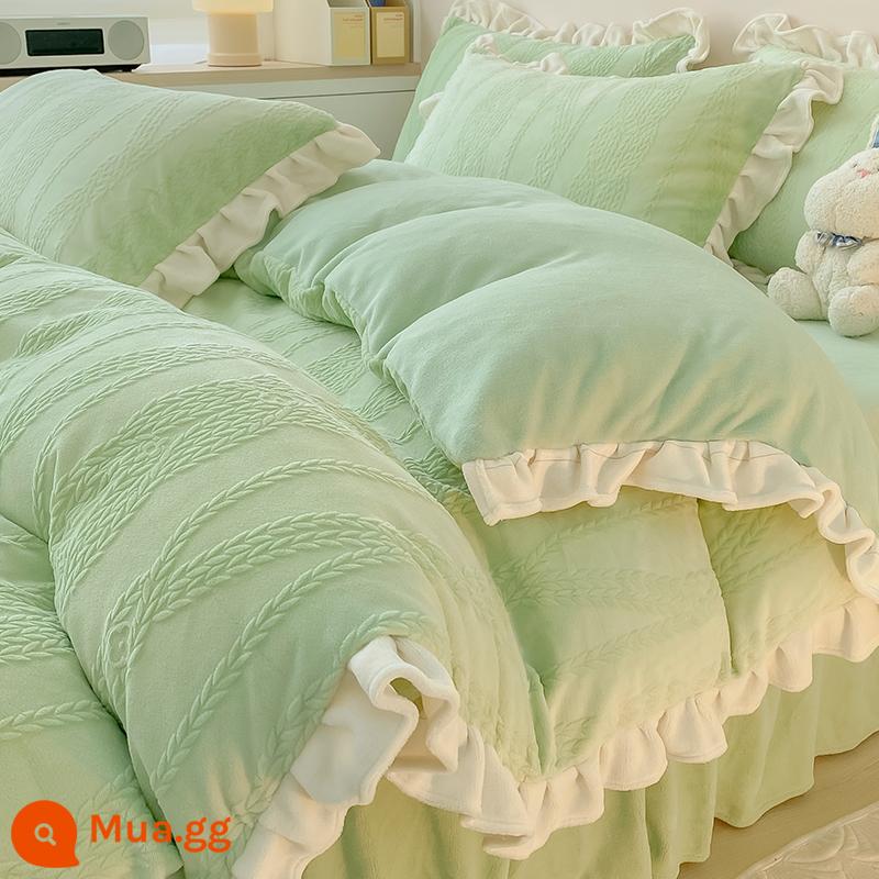 Bed Bed váy sữa Velvet Bốn bộ mền nhung san hô đôi Falerlan cộng với nhung ba giường nhóm - R nhung lúa mì xanh