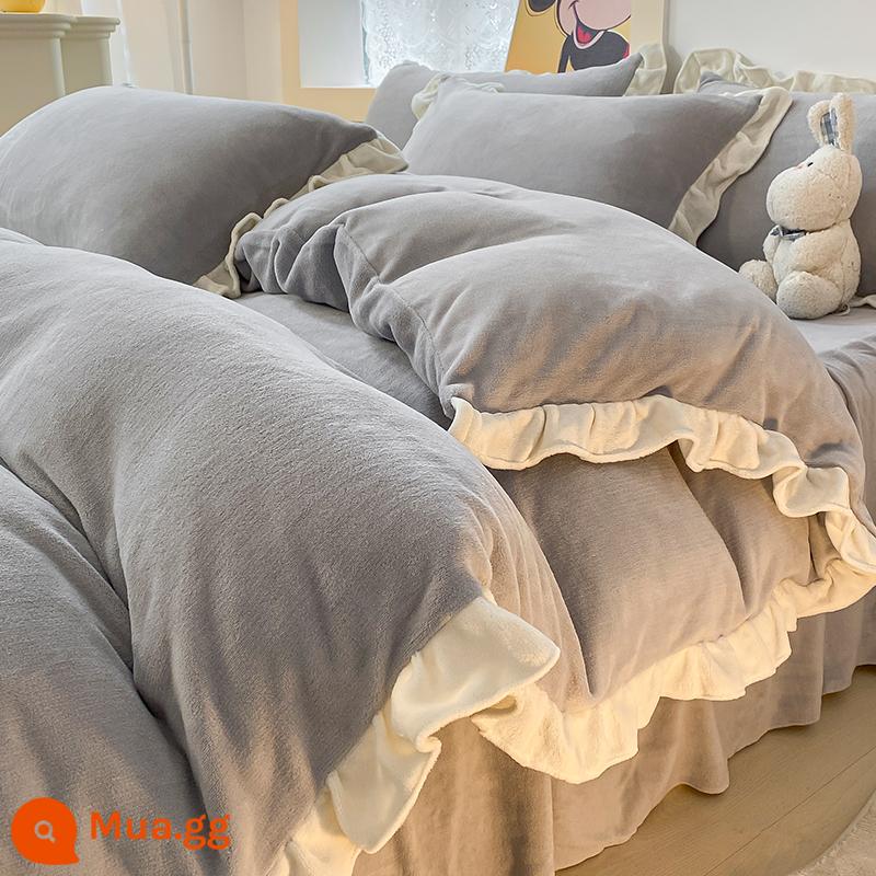 Bed Bed váy sữa Velvet Bốn bộ mền nhung san hô đôi Falerlan cộng với nhung ba giường nhóm - R nhung màu xám thanh lịch ngay từ cái nhìn đầu tiên