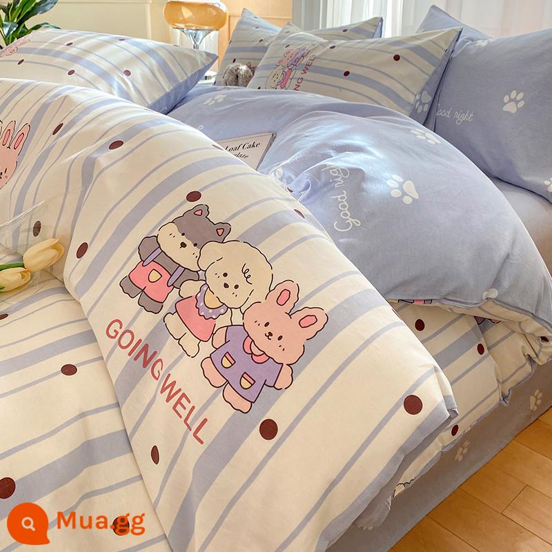 2023 Mới Lưới Đỏ Nguyên Chất Giường Cotton 4 Bộ Cotton 100 Hoa Thỏ Vỏ Chăn Ga Gối Chần Gòn bộ 3 Bộ 4 - M quy tắc ngọt ngào và mát mẻ