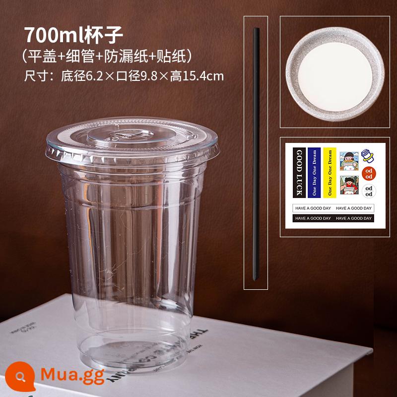 Cà Phê Trà Sữa Nhựa 500Ml Uống Trà Chanh Latte Đóng Gói Dùng Một Lần Bột Đá Lạnh Ly Uống Nước Có Nắp - Cốc 700ml + nắp phẳng + giấy chống rò rỉ + nhãn dán + [ống hút mỏng]