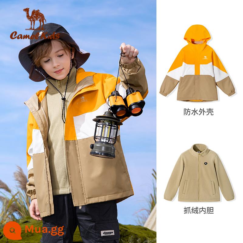 Áo khoác trẻ em Camel 3 trong 1 2023 Áo khoác chống gió trẻ em cỡ vừa và lớn mới dành cho bé trai và bé gái - D63CAS0025A, kaki đậm/vàng xoài/trắng vô hạn (lớp lót lông cừu)