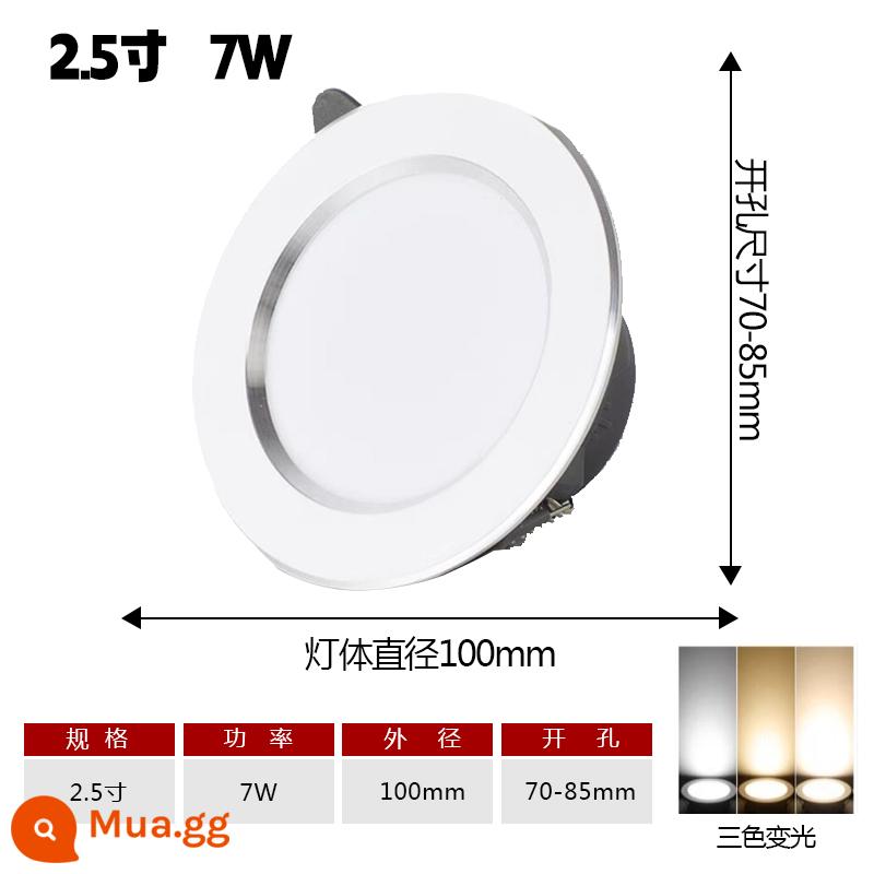 Hộ gia đình Đèn LED Downlight Âm Trần Chiếu Sáng Mới Ba Màu Nhúng Lối Đi Phòng Khách Đèn Âm Trần Lỗ Ánh Sáng Lỗ Ánh Sáng Ánh Sáng Đơn Giản - Bạc 7W ba màu [mẫu siêu mỏng hoàn toàn bằng nhôm] lỗ 7-8,5