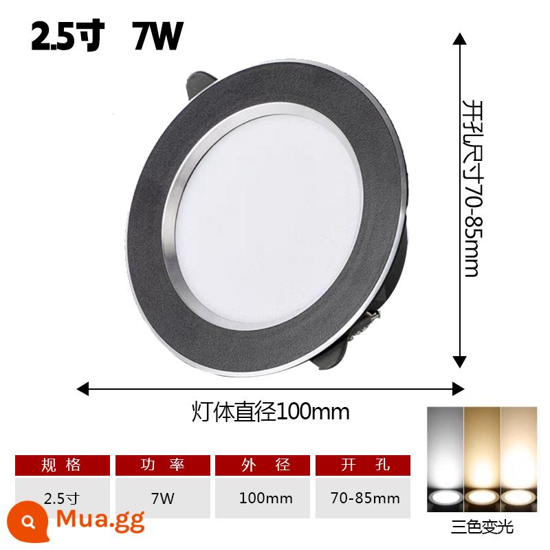 Hộ gia đình Đèn LED Downlight Âm Trần Chiếu Sáng Mới Ba Màu Nhúng Lối Đi Phòng Khách Đèn Âm Trần Lỗ Ánh Sáng Lỗ Ánh Sáng Ánh Sáng Đơn Giản - Đen và bạc 7W ba màu [tất cả mẫu siêu mỏng bằng nhôm] lỗ 7-8,5