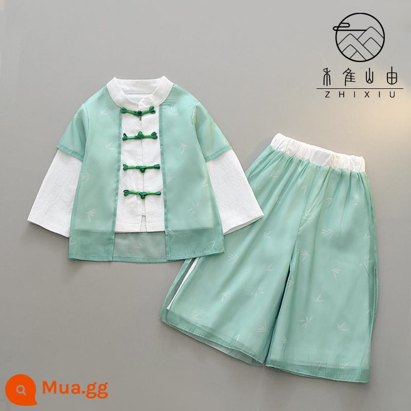 Nữ sinh Hanfu mùa xuân và mùa hè trang phục cổ đại phong cách Trung Quốc Tang phù hợp với trẻ em màu xanh lá cây siêu cổ tích dân tộc múa Trung Quốc guzheng trang phục biểu diễn - Cậu bé xanh