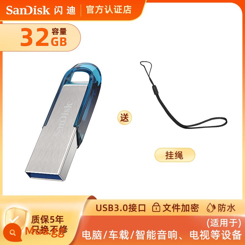 Ổ đĩa flash SanDisk 32g mã hóa tốc độ cao laser kim loại tùy chỉnh chữ đấu thầu USB flash drive CZ73 xe máy tính đĩa flash bộ nhớ - Ổ USB flash màu xanh đi kèm dây buộc