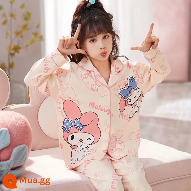 Bộ đồ ngủ trẻ em nữ mùa xuân và mùa thu cotton nguyên chất dài tay cho trẻ em trung và lớn mùa hè bé gái cardigan bé gái quần áo mặc ở nhà 12-15 tuổi - 33405-Giai điệu