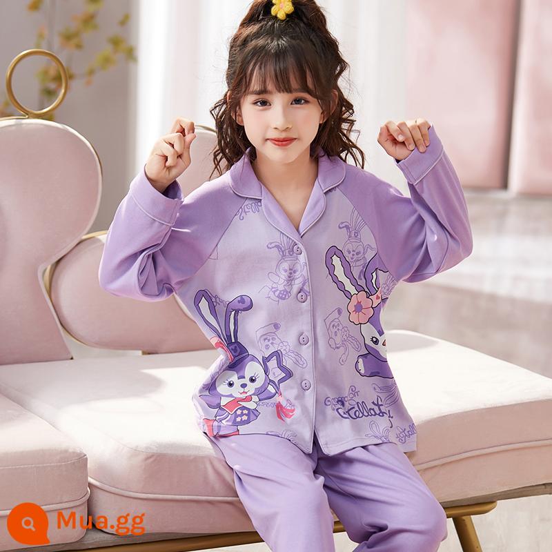 Bộ đồ ngủ trẻ em nữ mùa xuân và mùa thu cotton nguyên chất dài tay cho trẻ em trung và lớn mùa hè bé gái cardigan bé gái quần áo mặc ở nhà 12-15 tuổi - 33402-Sương Sao