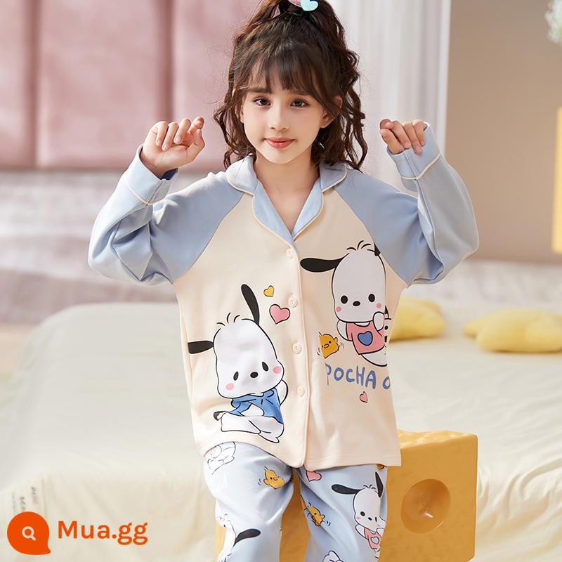 Bộ đồ ngủ trẻ em nữ mùa xuân và mùa thu cotton nguyên chất dài tay cho trẻ em trung và lớn mùa hè bé gái cardigan bé gái quần áo mặc ở nhà 12-15 tuổi - 33404-Chó Pacha