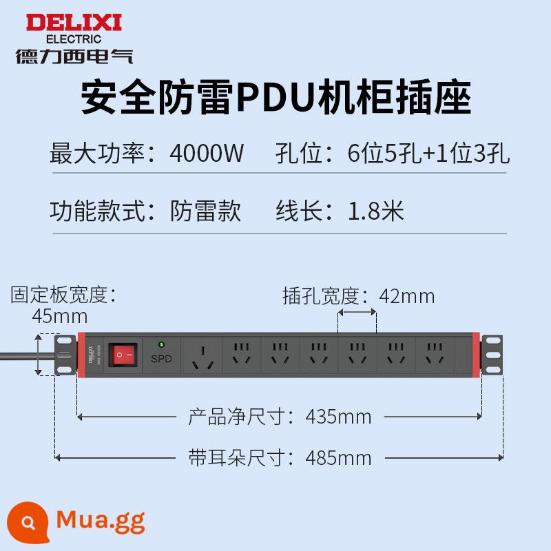 Delixi PDU ổ cắm tủ phòng máy tính plug-in cung cấp điện kỹ thuật đa điều khiển plug-in công nghiệp dây nối dài bảng - [Mẫu chống sét] 6 ổ cắm + công suất cao 16A ※1 mét vuông, tổng chiều dài 1,8 mét