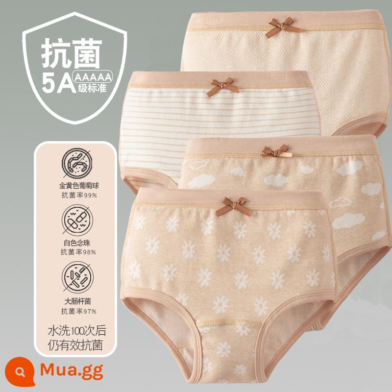 Quần lót trẻ em cotton bé gái quần lót boxer quần trẻ em tam giác trẻ em 2-18 tuổi cotton màu kháng khuẩn không dấu vết - 4 gói - 23 Cô Gái Bốn Mùa Tam Giác Màu Be Nâu Sọc Mây Trắng Cúc