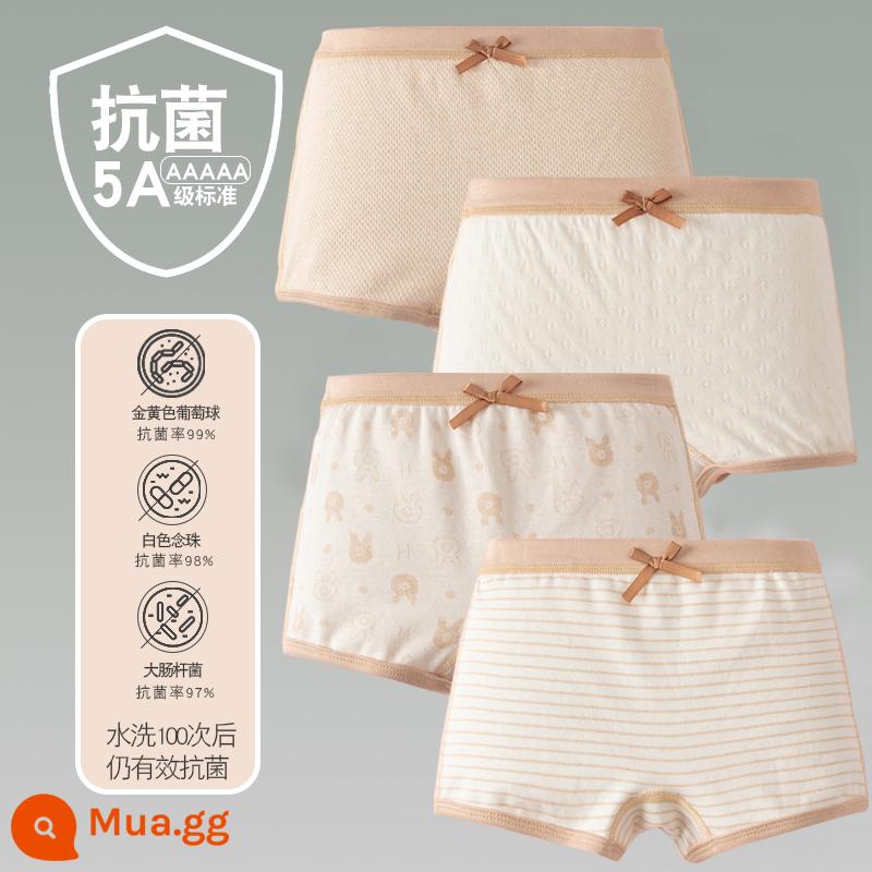 Quần lót trẻ em cotton bé gái quần lót boxer quần trẻ em tam giác trẻ em 2-18 tuổi cotton màu kháng khuẩn không dấu vết - 4 gói-Four Seasons Girls Vuông Màu Be Nâu Jacquard Gấu Trắng Sọc Nâu